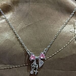 Silver and Pink Bow Necklace